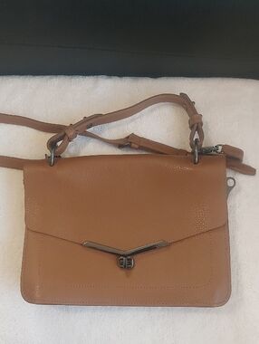 Classic Tan Leather Crossbody with Metal V Detail